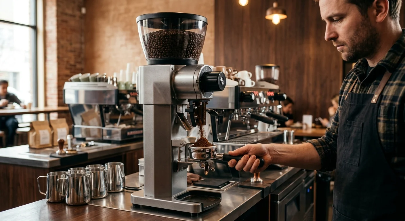 close-up of freshly ground coffee from a conical burr grinder into a portafilter, rich brown tones, sharp focus