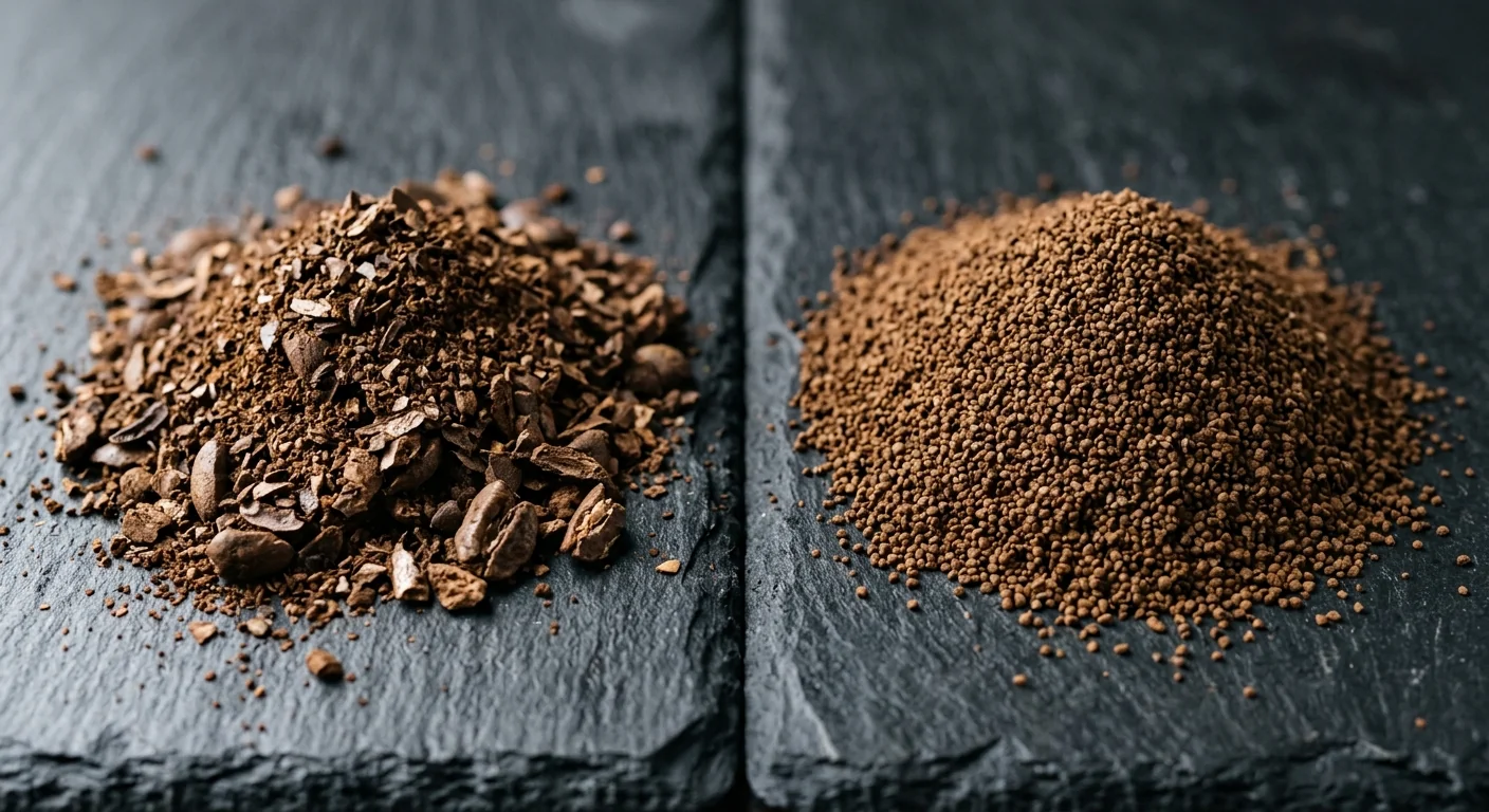 macro comparison photo of blade-ground coffee vs burr-ground coffee showing inconsistent vs uniform particle size
