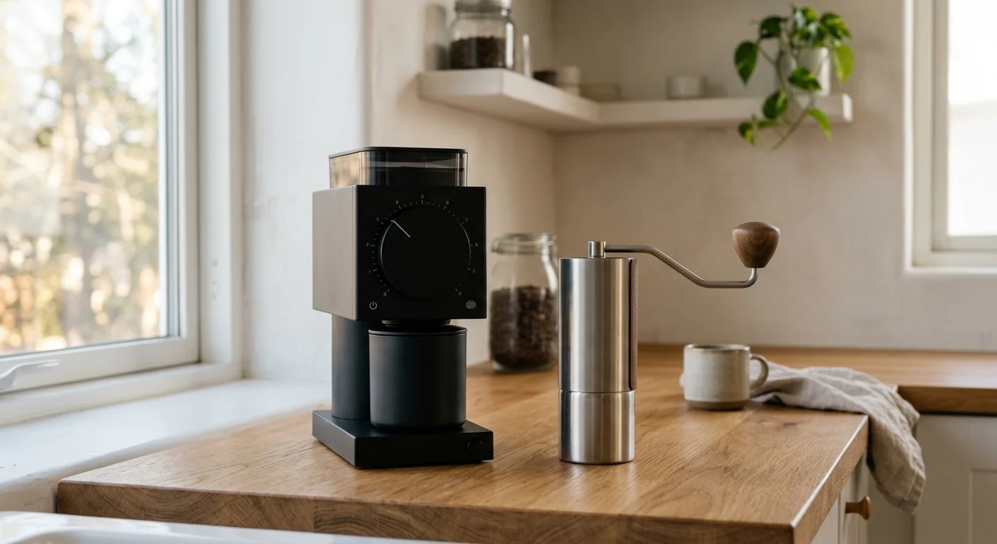 clean product lineup of manual hand grinder next to electric burr grinder on wooden kitchen surface