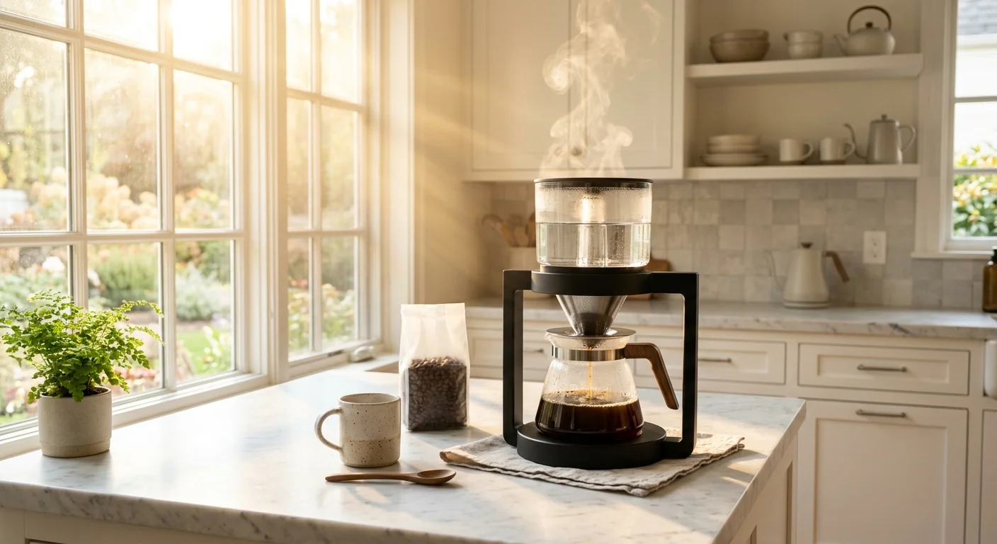warm lifestyle shot of a modern drip coffee maker brewing on a bright kitchen counter with morning light