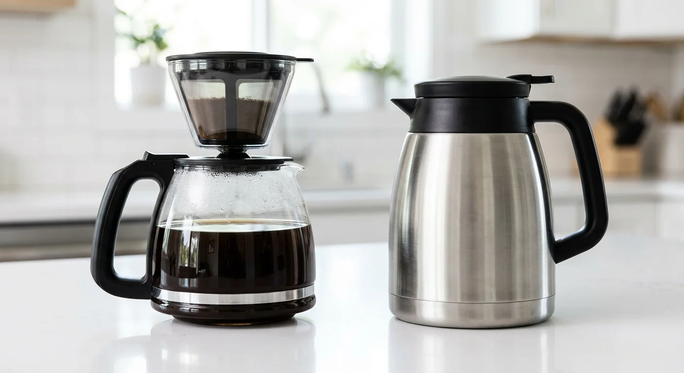 side-by-side comparison of glass carafe versus thermal carafe drip coffee makers on white surface