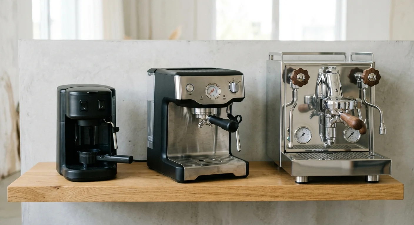 budget tier shelf showing small basic coffee maker next to mid-range and premium models, clean studio lighting
