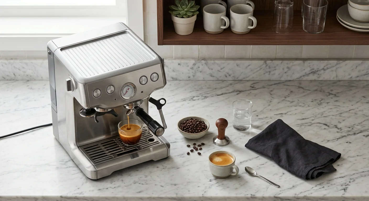 clean overhead flat-lay of a semi-automatic espresso machine pulling a rich shot with crema, modern kitchen counter