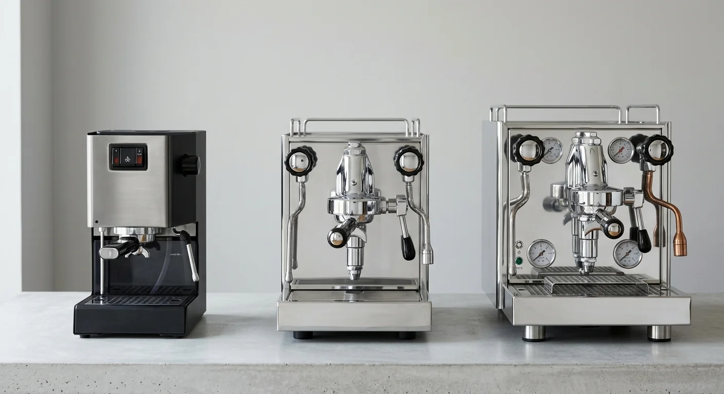 side-by-side product shot of three espresso machines at different price tiers on neutral background