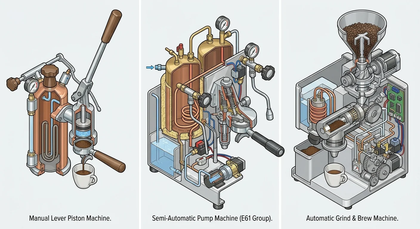 diagram-style illustration comparing manual, semi-auto, and fully-auto espresso machine mechanisms