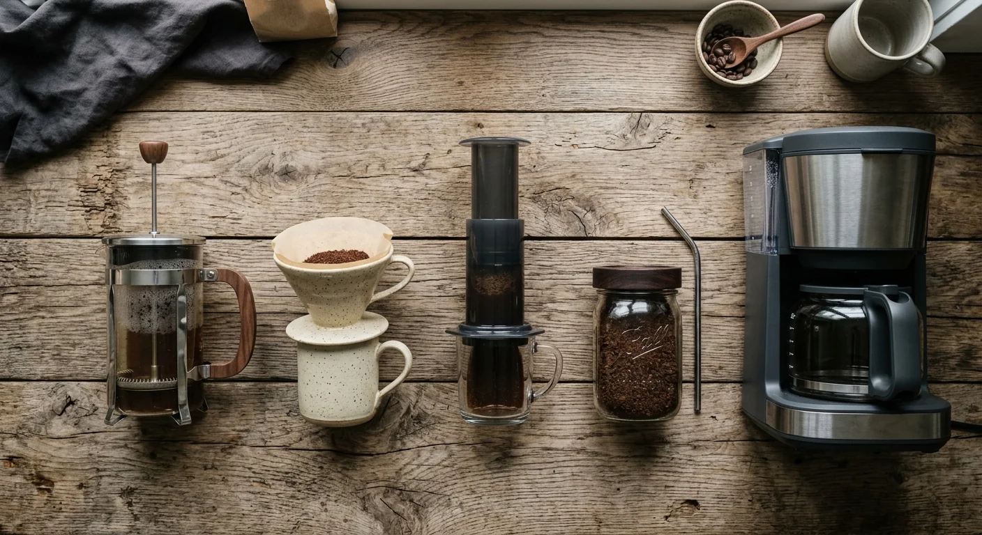flat-lay of five brewing devices — french press, pour-over dripper, aeropress, cold brew jar, drip machine — arranged on rustic wood surface