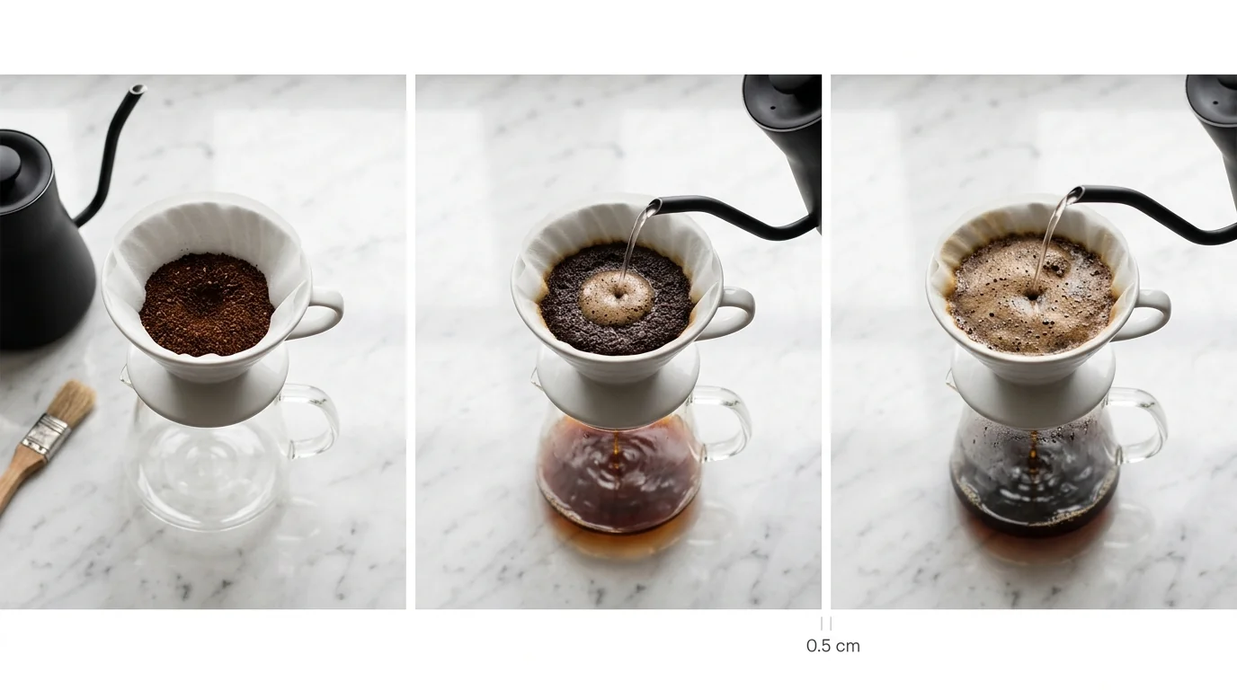 step-by-step pour-over brewing process shown in three sequential overhead shots on a light marble surface