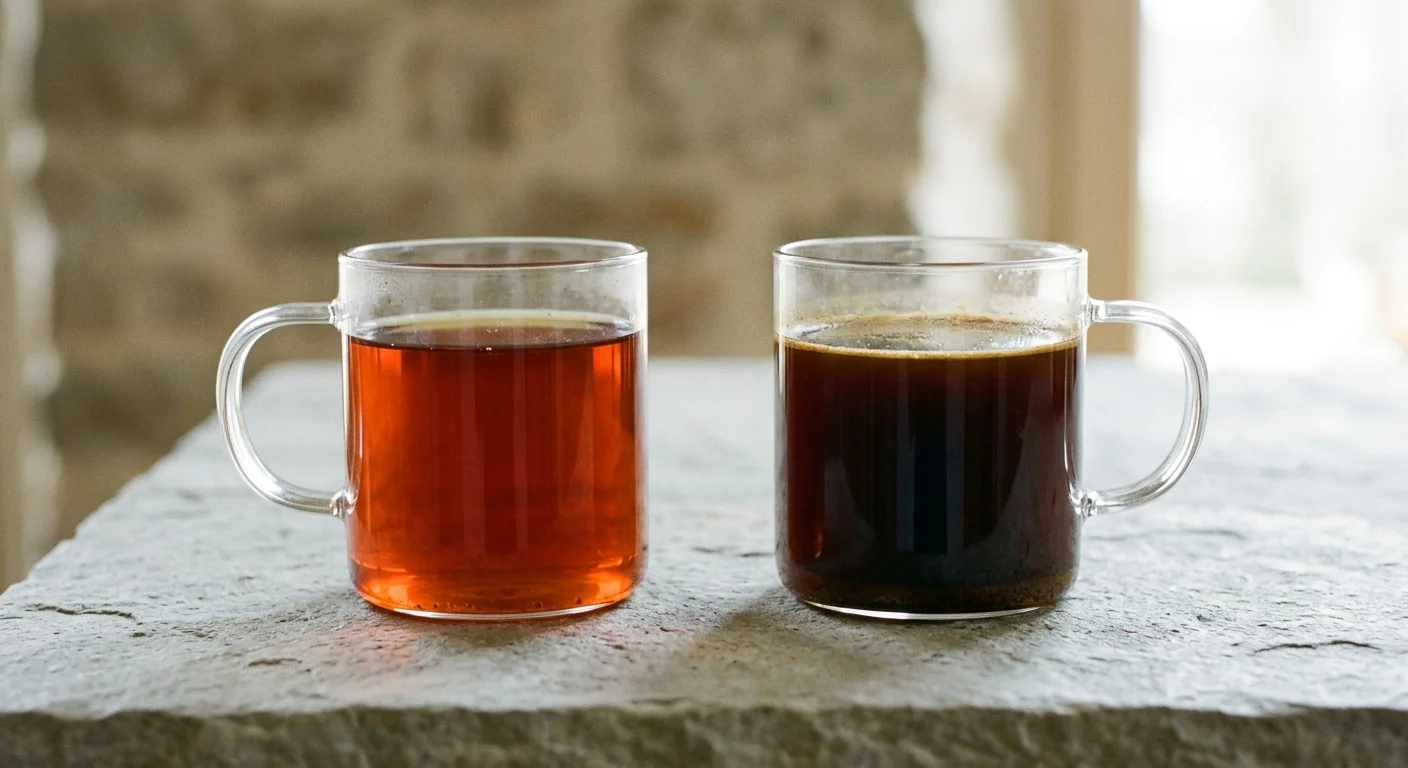side-by-side cups of cold brew and french press coffee showing color and texture differences on neutral background