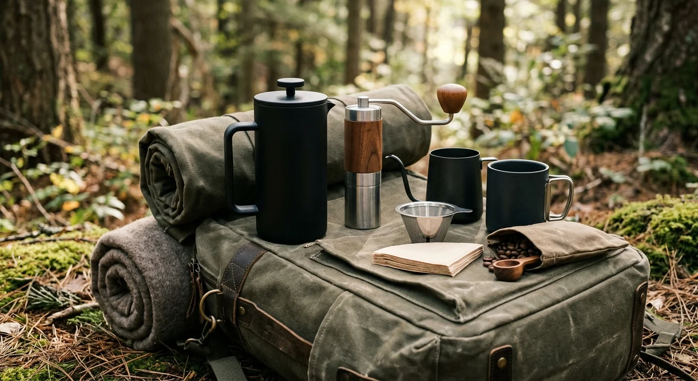 compact AeroPress setup next to a manual hand grinder on a travel bag, adventure-ready minimalist vibe